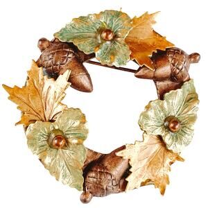 VTG Mid Century Wreath Brooch Acorn Leaf Enamel Fall Jewelry 1950s Pin